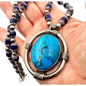 Native American Sterling Silver Turquoise Pendant Chevron Trade Beads Signed J